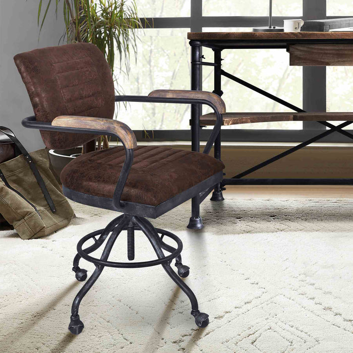 Brice Modern Office Chair in Industrial Gray Finish and Brown Fabric with Pine Wood Arms