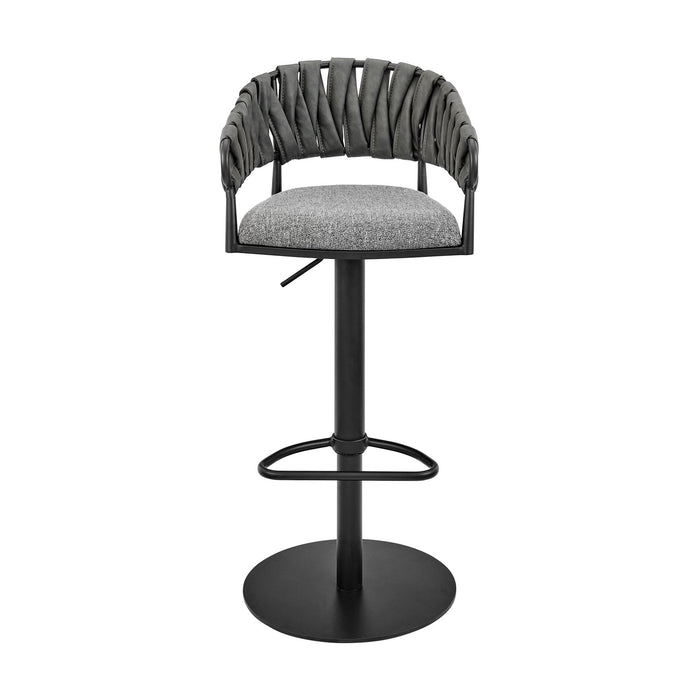 Blaise Adjustable Swivel Counter or Bar Stool in Black Metal with Gray Fabric and Faux Leather