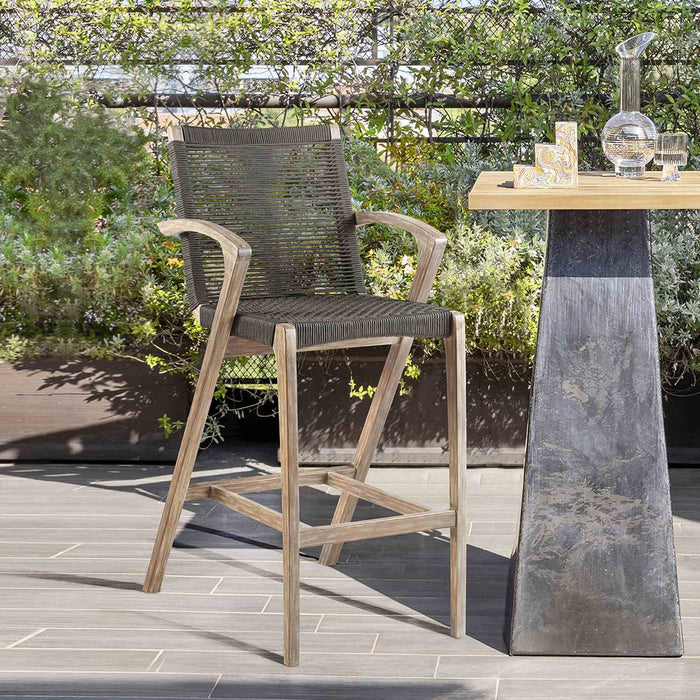 Brielle Outdoor Light Eucalyptus Wood and Charcoal Rope Counter Height Stool