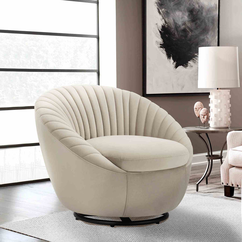 Bella Beige Velvet Swivel Accent Chair with Black Base - Furniture City (CA)l
