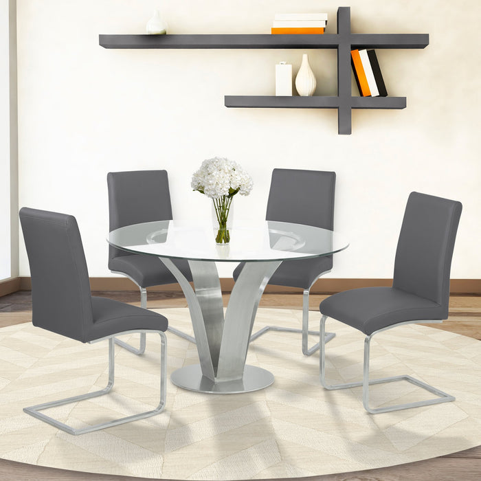 Blanca Contemporary Dining Chair in Gray Faux Leather with Brushed Stainless Steel Finish - Set of 2