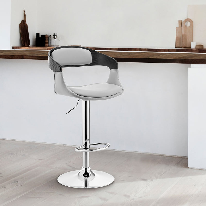 Benson Adjustable Gray Faux Leather and Black Wood Bar Stool with Chrome Base - Furniture City (CA)l