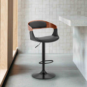 Benson Adjustable Black Faux Leather and Walnut Wood Bar Stool with Black Base - Furniture City (CA)l