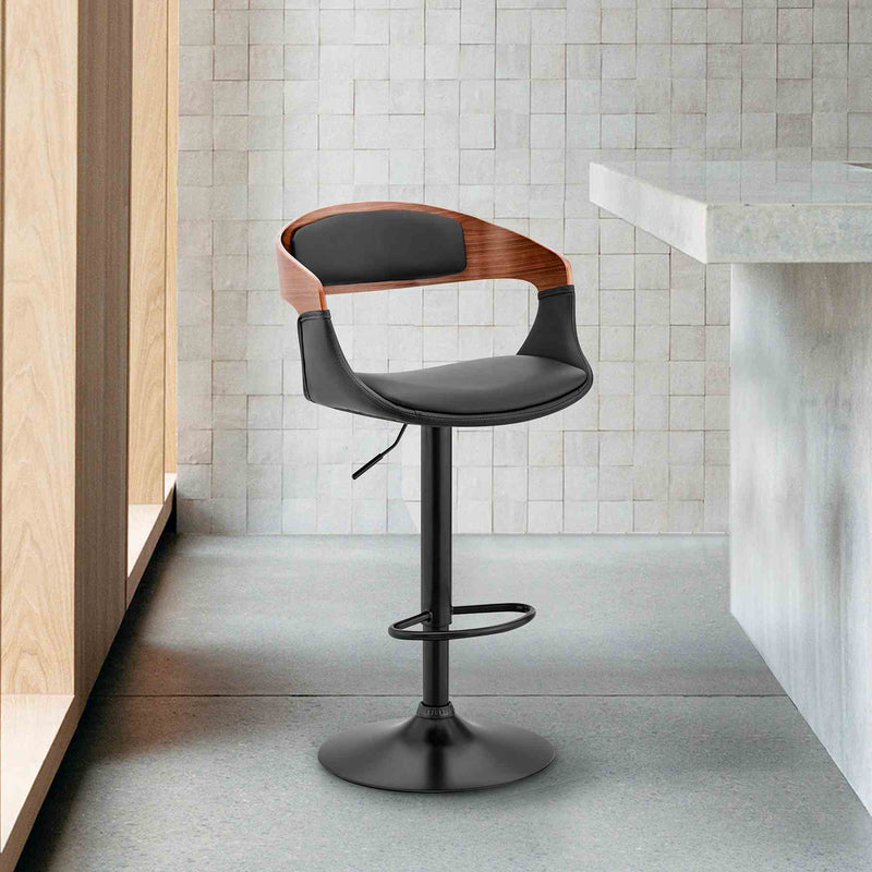 Benson Adjustable Black Faux Leather and Walnut Wood Bar Stool with Black Base - Furniture City (CA)l