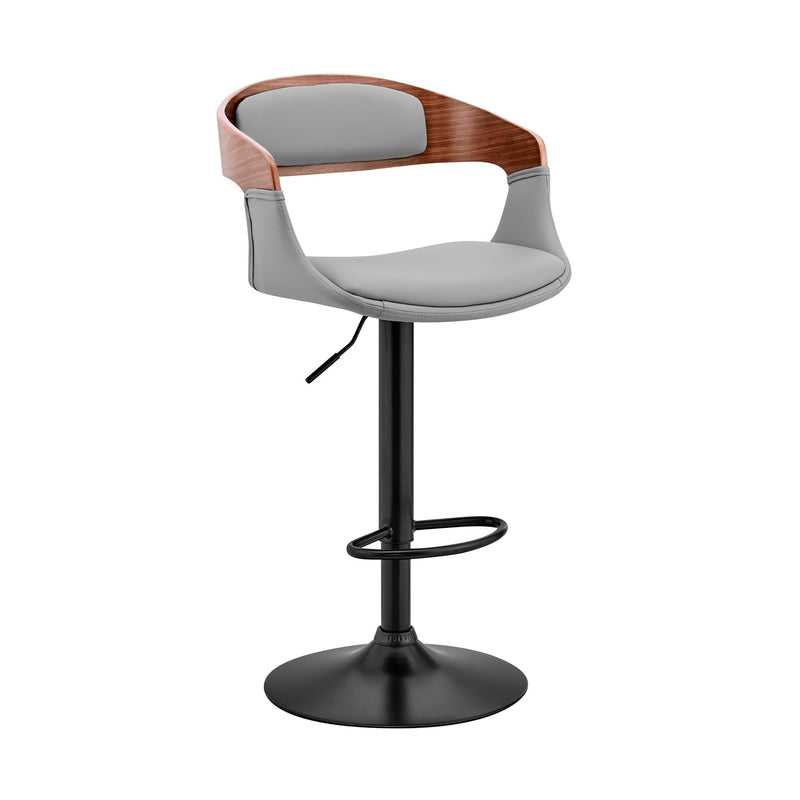 Benson Adjustable Gray Faux Leather and Walnut Wood Bar Stool with Black Base - Furniture City (CA)l