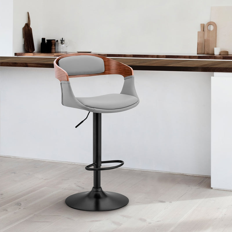 Benson Adjustable Gray Faux Leather and Walnut Wood Bar Stool with Black Base - Furniture City (CA)l