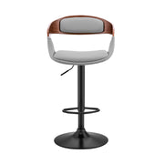 Benson Adjustable Gray Faux Leather and Walnut Wood Bar Stool with Black Base - Furniture City (CA)l