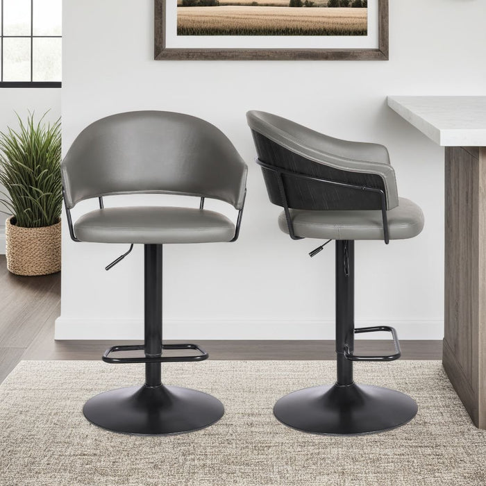 Brody Adjustable Height Swivel Gray Faux Leather and Black Wood and Metal Base Bar Stool