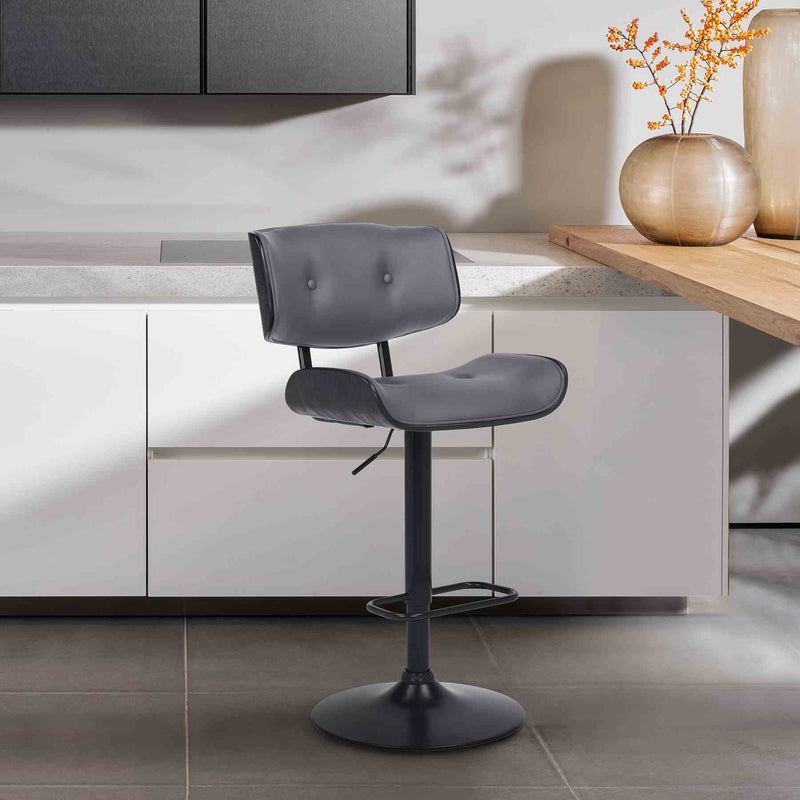 Brooklyn Adjustable Swivel Gray Faux Leather and Black Wood Bar Stool with Black Base - Furniture City (CA)l