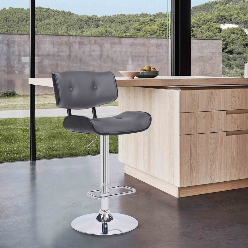 Brooklyn Adjustable Swivel Gray Faux Leather and Black Wood Bar Stool with Chrome Base - Furniture City (CA)l