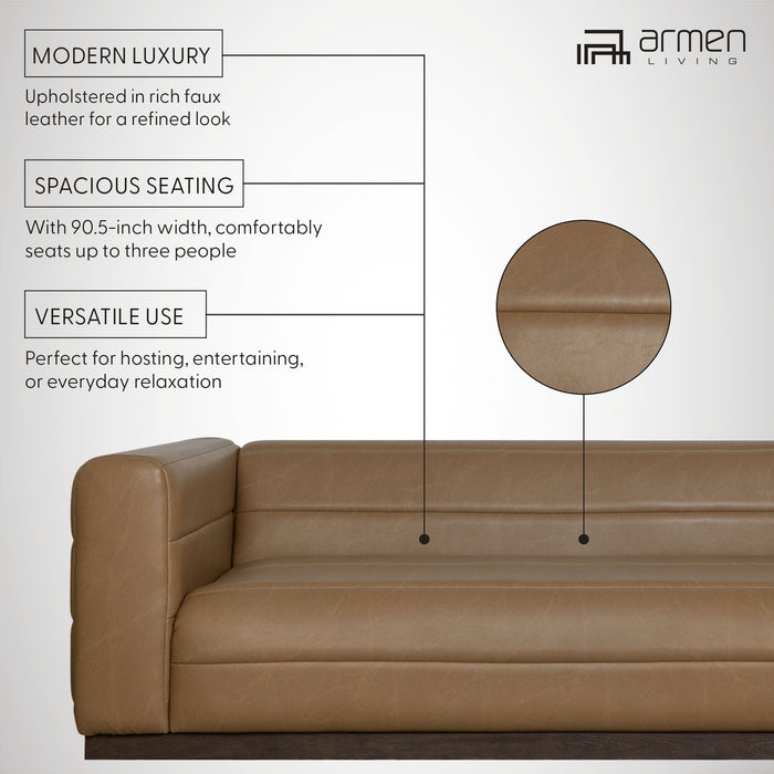 Brea 90.5 in. 3-Seater Sofa in Bistre Brown Faux Leather with Rectangular Seat and Square Arms