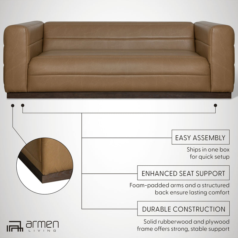Brea 90.5 in. 3-Seater Sofa in Bistre Brown Faux Leather with Rectangular Seat and Square Arms - Furniture City (CA)l