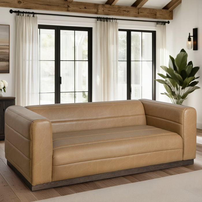 Brea 90.5 in. 3-Seater Sofa in Bistre Brown Faux Leather with Rectangular Seat and Square Arms