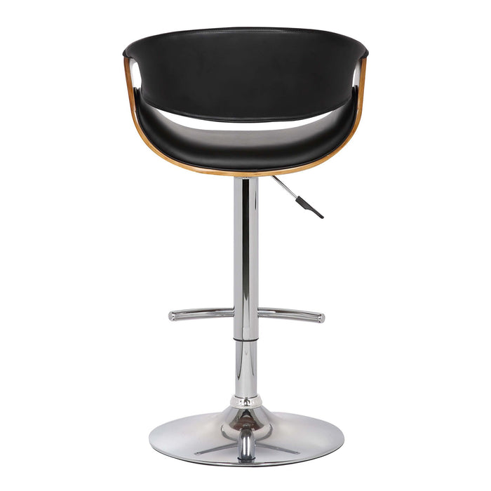 Butterfly Adjustable Height Swivel Black Faux Leather and Walnut Wood Bar Stool with Chrome Base