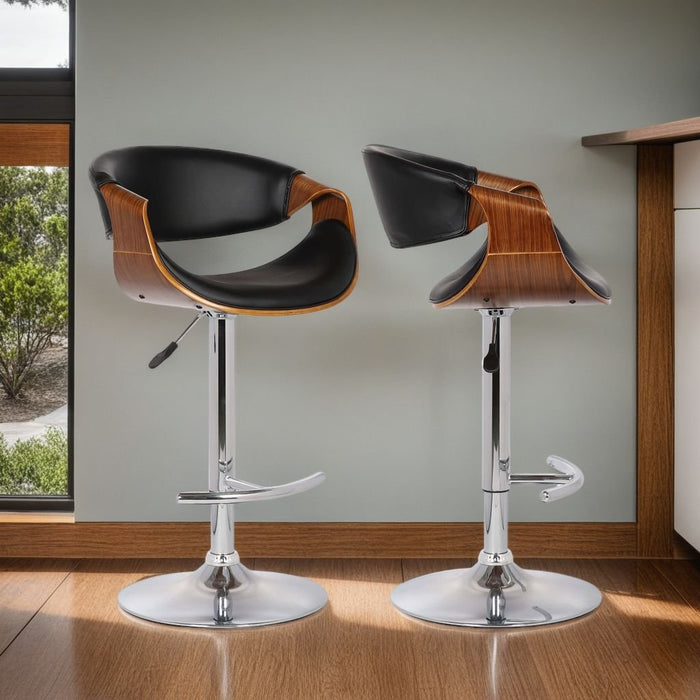 Butterfly Adjustable Height Swivel Black Faux Leather and Walnut Wood Bar Stool with Chrome Base