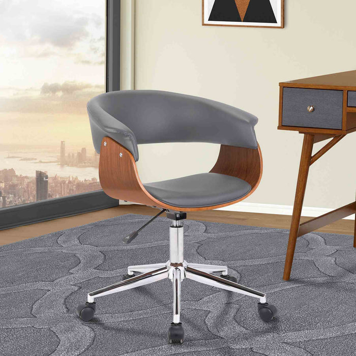 Bellevue Mid-Century Office Chair in Chrome Finish with Gray Faux Leather and Walnut Veneer