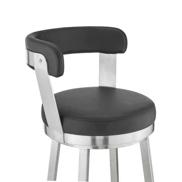 Bryant 26" Counter Height Swivel Bar Stool in Brushed Stainless Steel Finish and Black Faux Leather