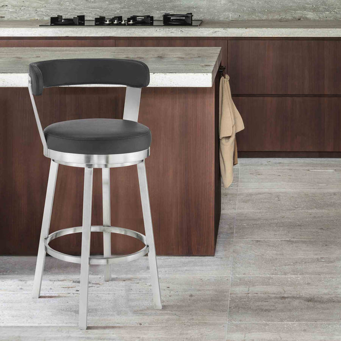 Bryant 26" Counter Height Swivel Bar Stool in Brushed Stainless Steel Finish and Black Faux Leather