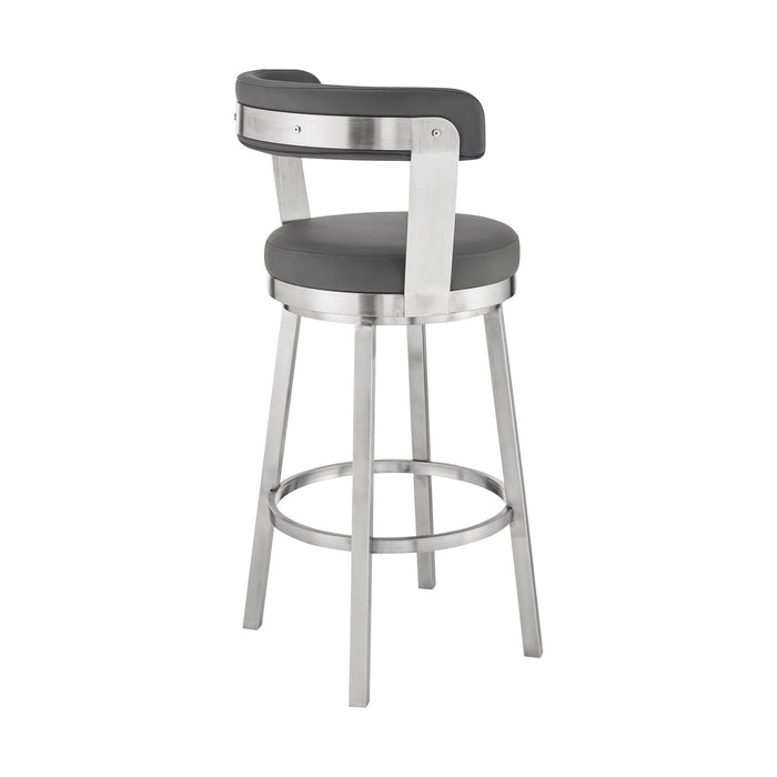 Bryant 26" Counter Height Swivel Bar Stool in Brushed Stainless Steel Finish and Gray Faux Leather