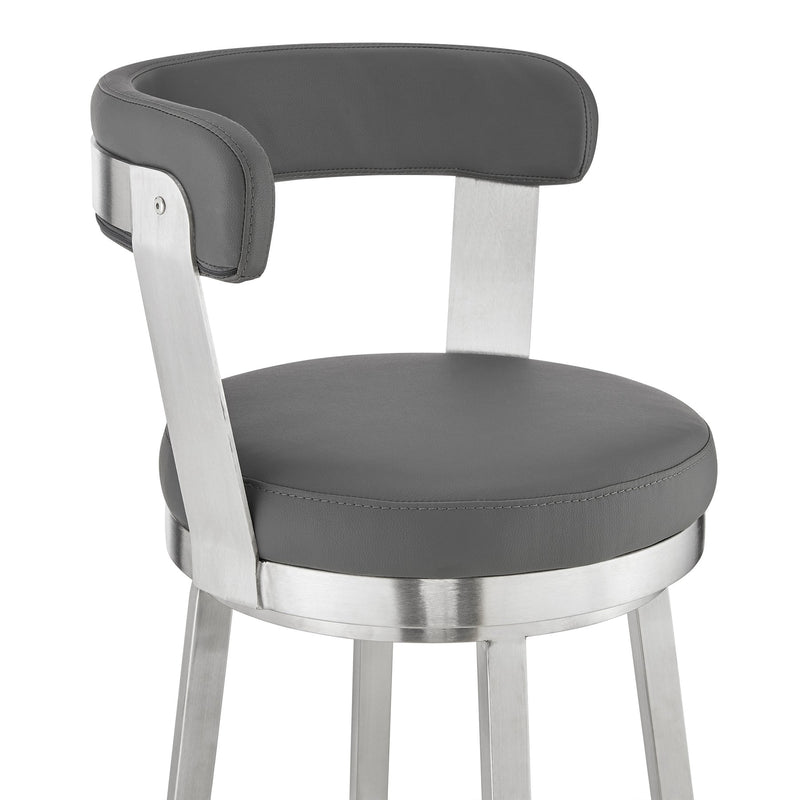 Bryant 30" Bar Height Swivel Bar Stool in Brushed Stainless Steel Finish and Gray Faux Leather - Furniture City (CA)l