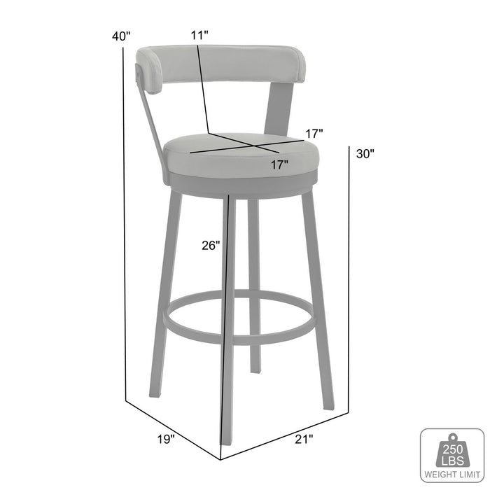 Bryant 30" Bar Height Swivel Bar Stool in Brushed Stainless Steel Finish and Gray Faux Leather