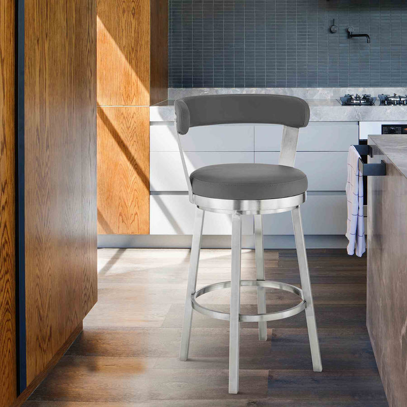 Bryant 30" Bar Height Swivel Bar Stool in Brushed Stainless Steel Finish and Gray Faux Leather - Furniture City (CA)l