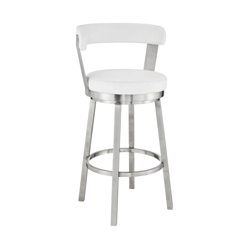 Bryant 26" Counter Height Swivel Bar Stool in Brushed Stainless Steel Finish and White Faux Leather - Furniture City (CA)l