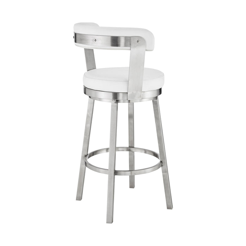 Bryant 26" Counter Height Swivel Bar Stool in Brushed Stainless Steel Finish and White Faux Leather - Furniture City (CA)l