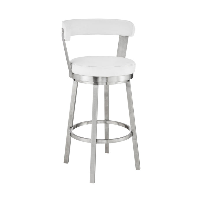 Bryant 30" Bar Height Swivel Bar Stool in Brushed Stainless Steel Finish and White Faux Leather