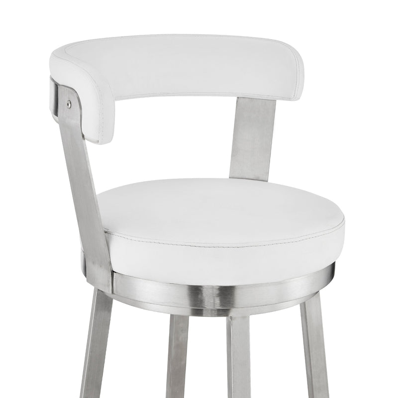 Bryant 30" Bar Height Swivel Bar Stool in Brushed Stainless Steel Finish and White Faux Leather - Furniture City (CA)l