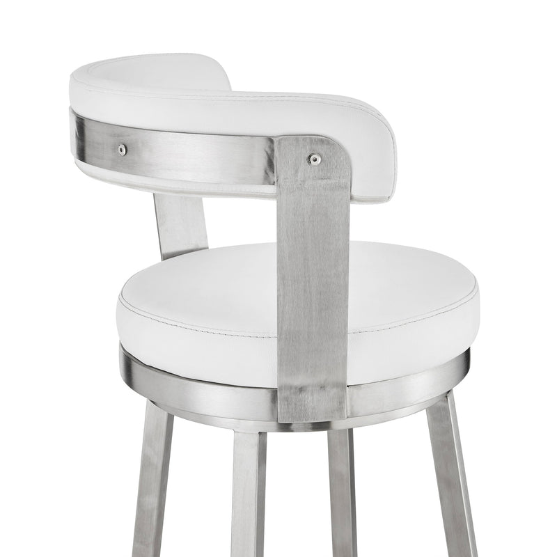 Bryant 30" Bar Height Swivel Bar Stool in Brushed Stainless Steel Finish and White Faux Leather - Furniture City (CA)l