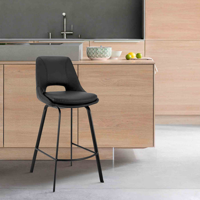 Carise Black Faux Leather and Black Metal Swivel 26" Counter Stool