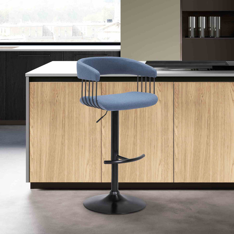 Calista Adjustable Bar Stool in Blue Fabric with Black Metal - Furniture City (CA)l