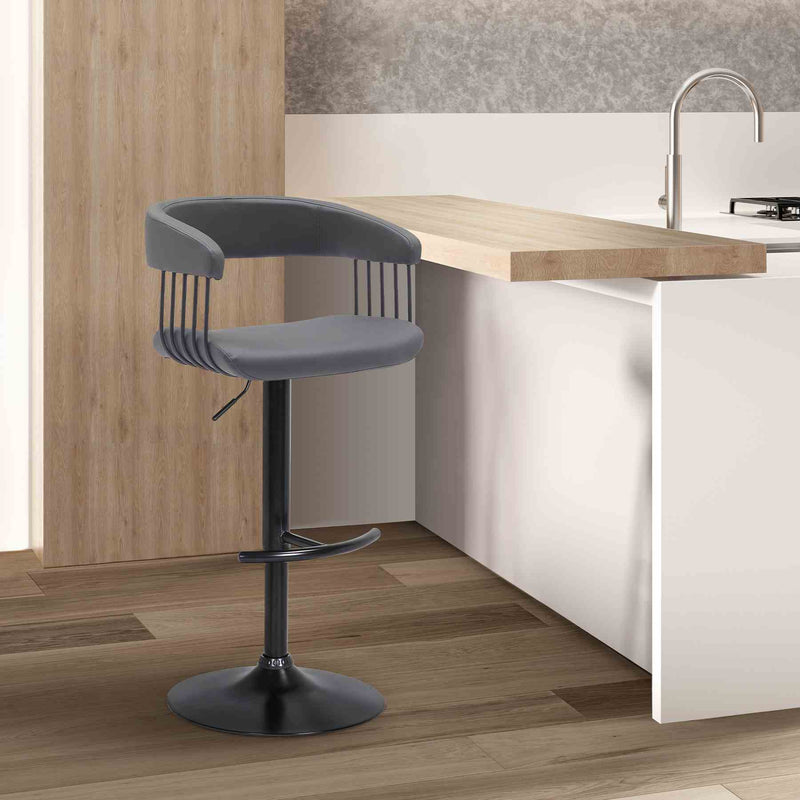 Calista Adjustable Bar Stool in Gray Faux Leather with Black Metal - Furniture City (CA)l