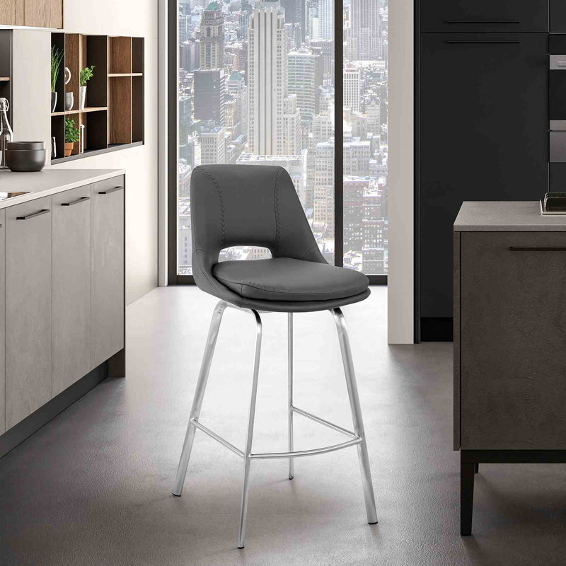 Carise Gray Faux Leather and Brushed Stainless Steel Swivel 26" Counter Stool - Furniture City (CA)l
