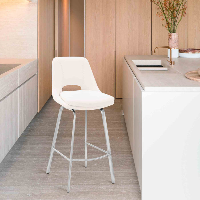 Carise White Faux Leather and Brushed Stainless Steel Swivel 30" Bar Stool