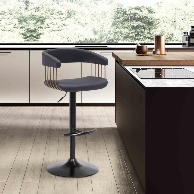 Calista Adjustable Bar Stool in Black Faux Leather with Golden Bronze and Black Metal - Furniture City (CA)l