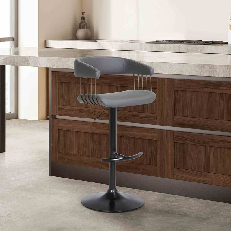 Calista Adjustable Bar Stool in Gray Faux Leather with Golden Bronze and Black Metal - Furniture City (CA)l