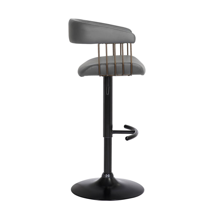 Calista Adjustable Bar Stool in Gray Faux Leather with Golden Bronze and Black Metal