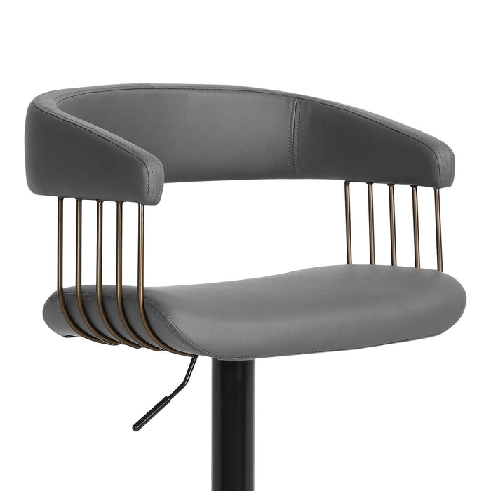 Calista Adjustable Bar Stool in Gray Faux Leather with Golden Bronze and Black Metal