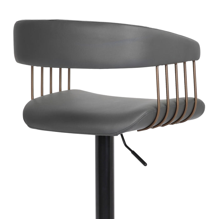 Calista Adjustable Bar Stool in Gray Faux Leather with Golden Bronze and Black Metal