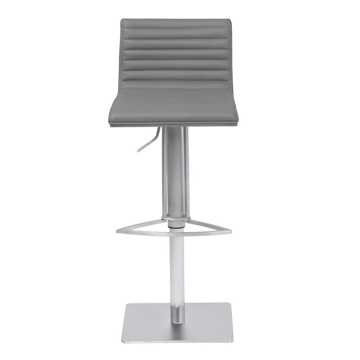 Café Adjustable Metal Barstool in Gray Faux Leather with Brushed Stainless Steel Finish and Gray Walnut Wood Back