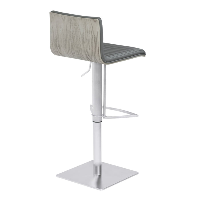 Café Adjustable Metal Barstool in Gray Faux Leather with Brushed Stainless Steel Finish and Gray Walnut Wood Back