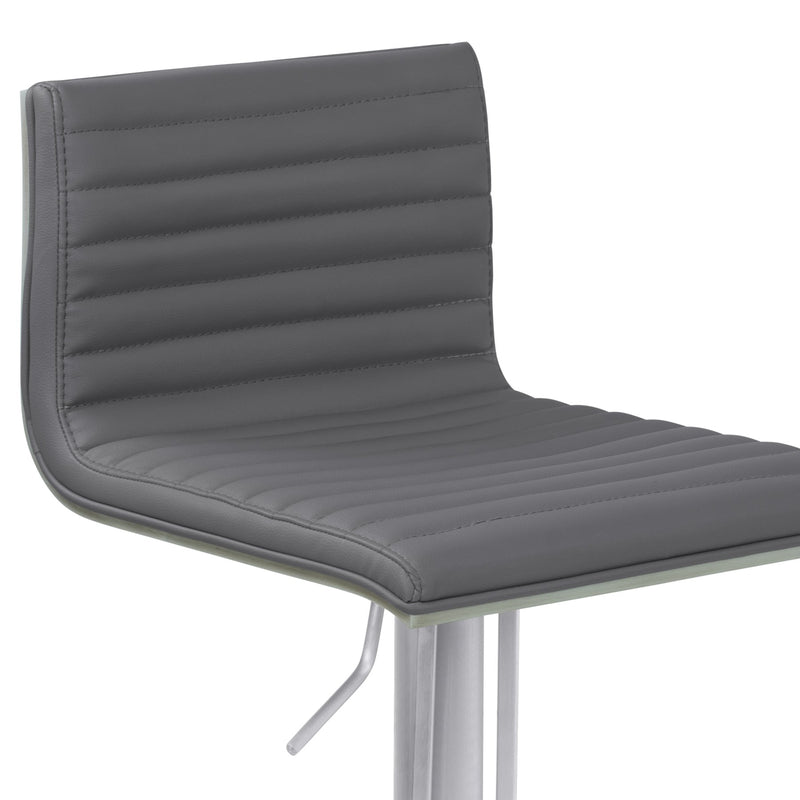 Café Adjustable Metal Barstool in Gray Faux Leather with Brushed Stainless Steel Finish and Gray Walnut Wood Back - Furniture City (CA)l