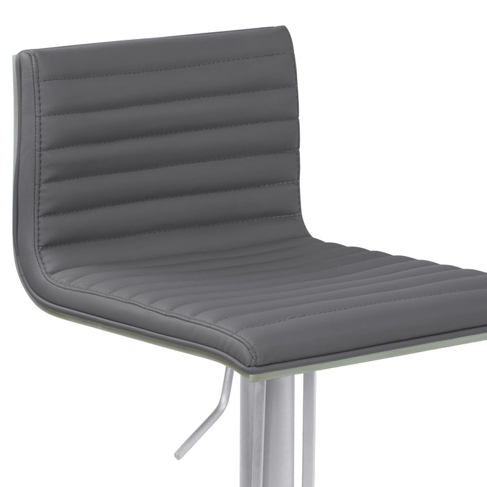 Café Adjustable Metal Barstool in Gray Faux Leather with Brushed Stainless Steel Finish and Gray Walnut Wood Back
