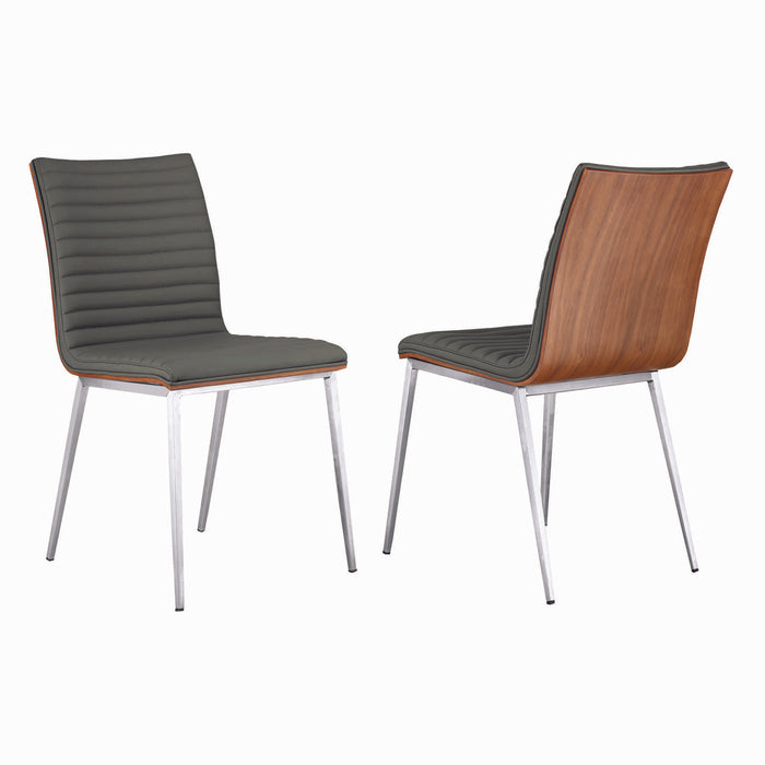 Café Brushed Stainless Steel Dining Chair in Gray Faux Leather with Walnut Back - Set of 2