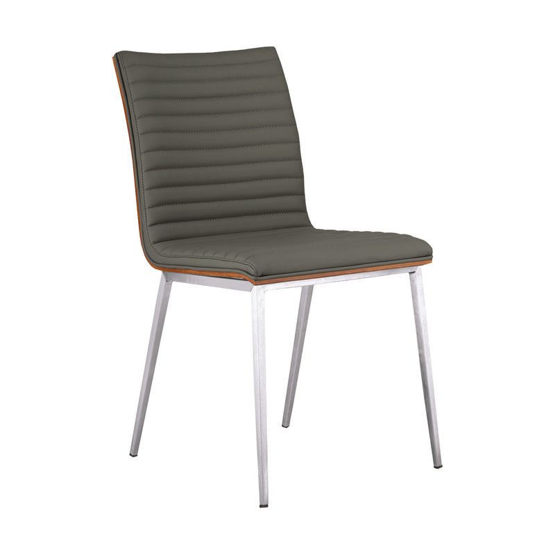 Café Brushed Stainless Steel Dining Chair in Gray Faux Leather with Walnut Back - Set of 2 - Furniture City (CA)l