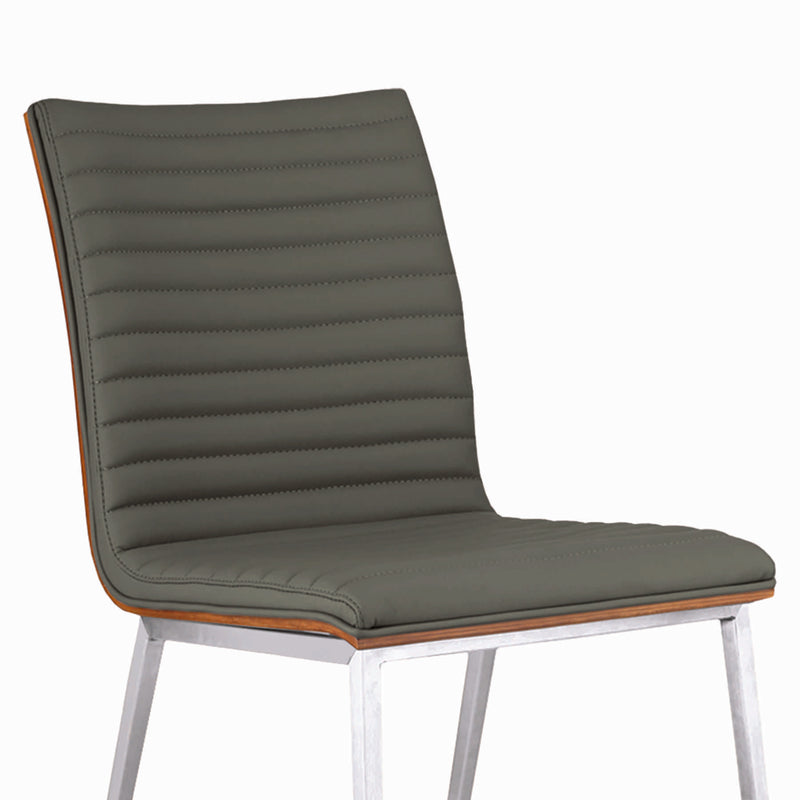Café Brushed Stainless Steel Dining Chair in Gray Faux Leather with Walnut Back - Set of 2 - Furniture City (CA)l