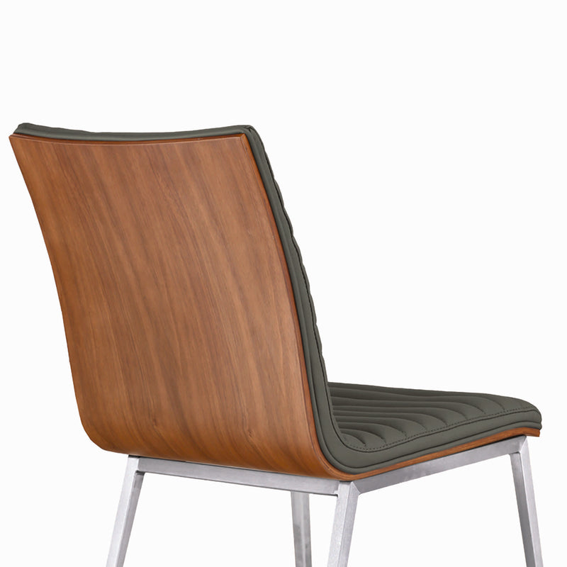 Café Brushed Stainless Steel Dining Chair in Gray Faux Leather with Walnut Back - Set of 2 - Furniture City (CA)l