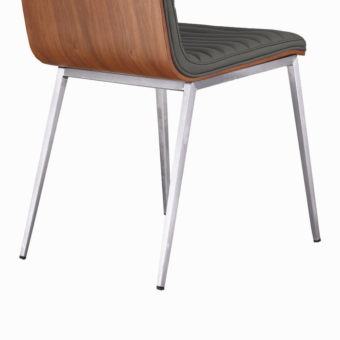 Café Brushed Stainless Steel Dining Chair in Gray Faux Leather with Walnut Back - Set of 2